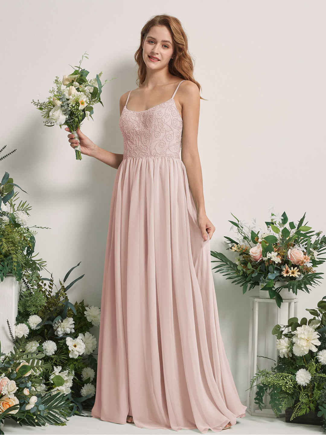 Carlyna A-Linien-Kleid U-Ausschnitt Bodenlang Chiffon Brautjungfernkleid Biscotti 