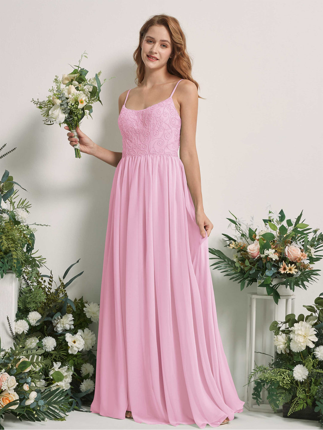 Carlyna A-Linien-Kleid U-Ausschnitt Bodenlang Chiffon Brautjungfernkleid Bonbonrosa 