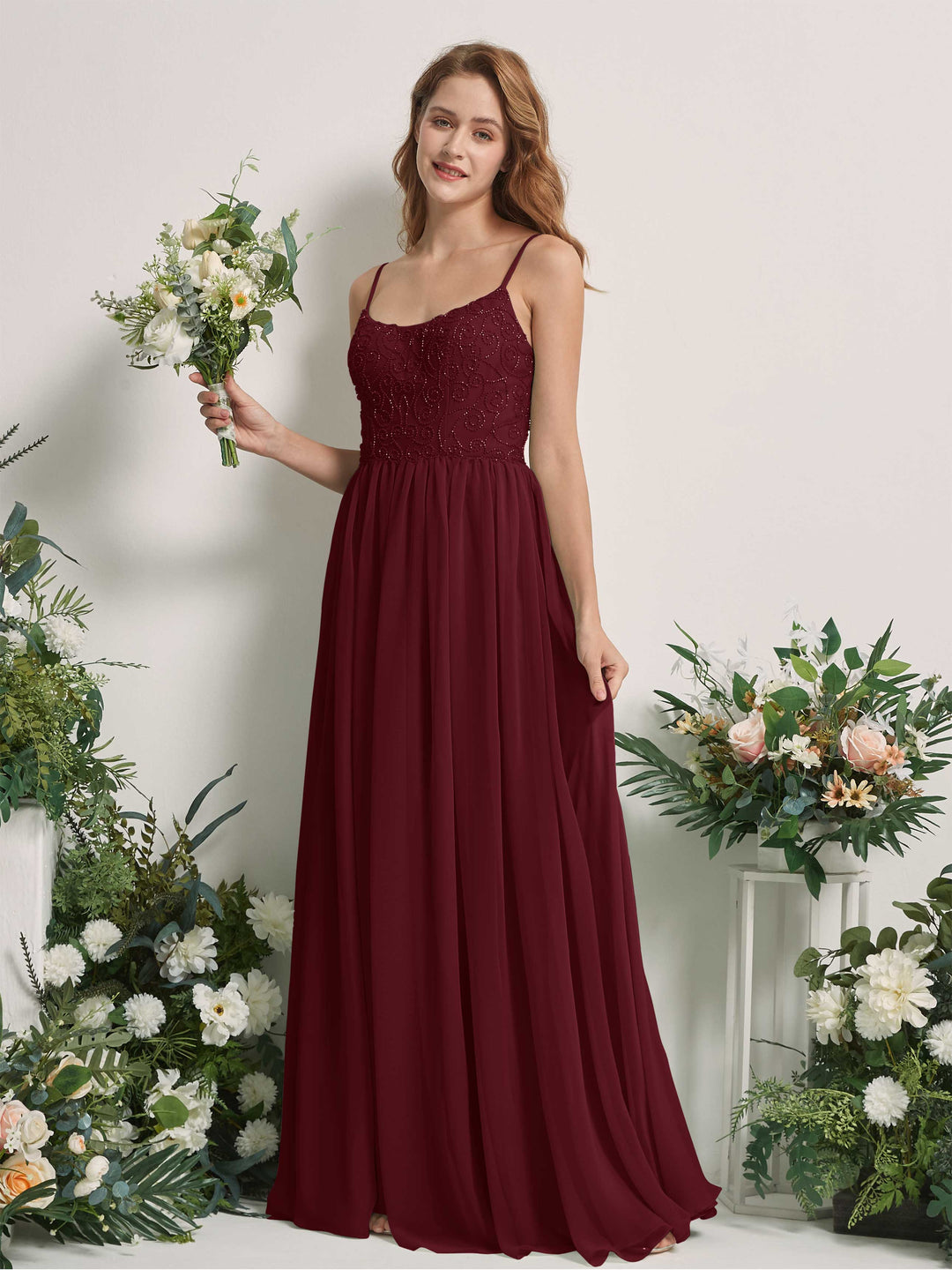Carlyna A-Linien-Kleid U-Ausschnitt Bodenlang Chiffon Brautjungfernkleid Burgunderrot 