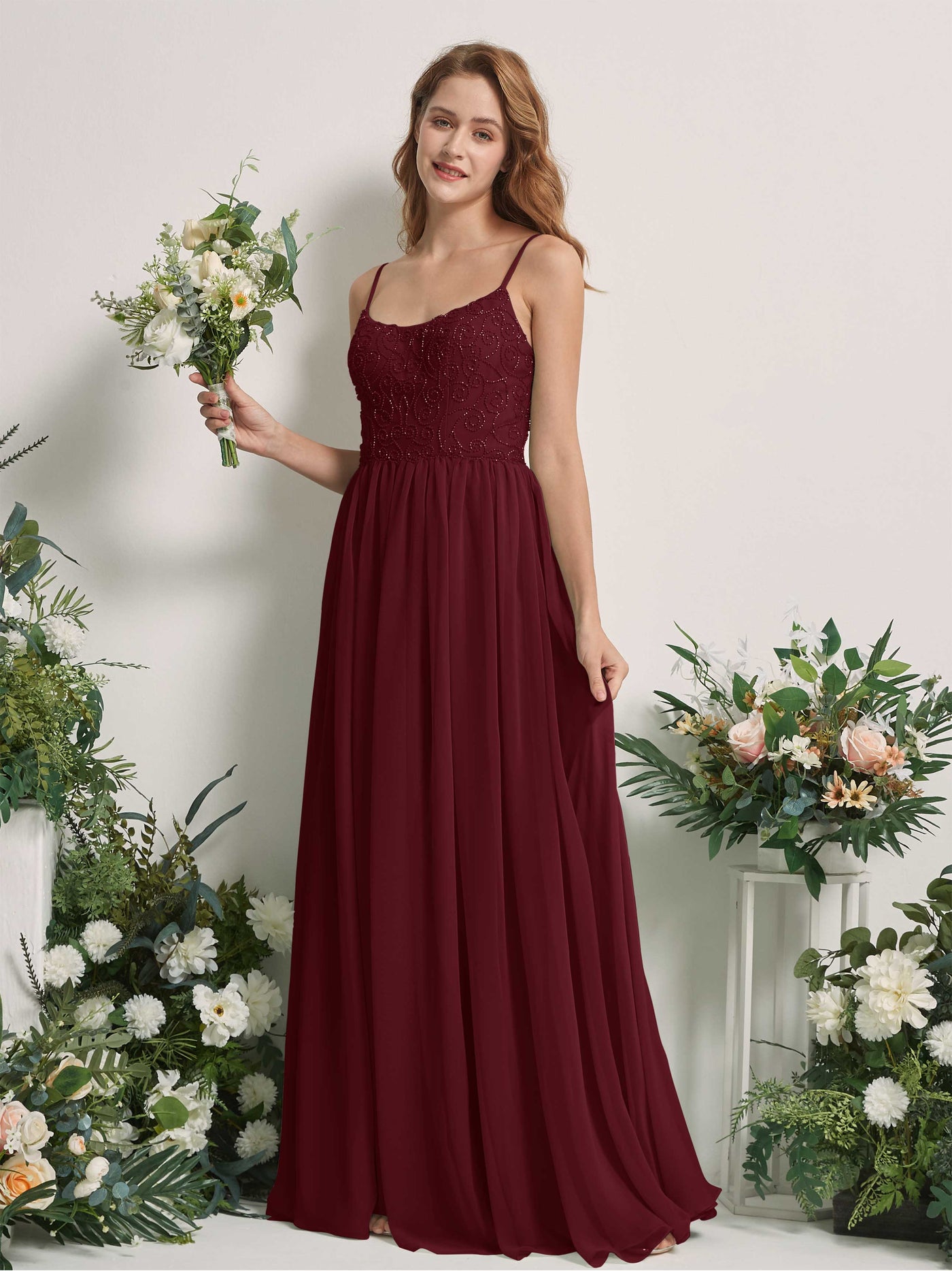 Carlyna A-Linien-Kleid U-Ausschnitt Bodenlang Chiffon Brautjungfernkleid Burgunderrot #farbe_burgunderrot