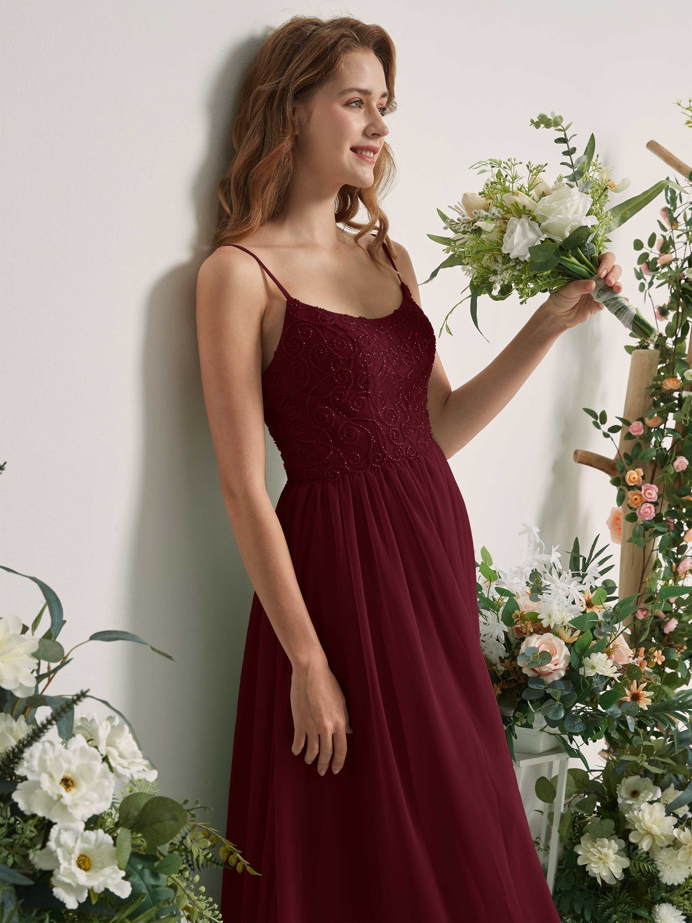 Carlyna A-Linien-Kleid U-Ausschnitt Bodenlang Chiffon Brautjungfernkleid Burgunderrot #farbe_burgunderrot