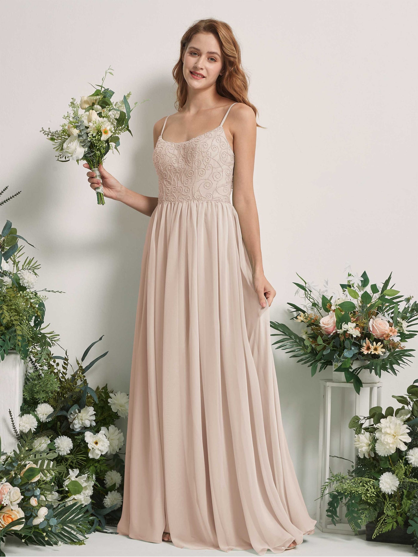 Carlyna A-Linien-Kleid U-Ausschnitt Bodenlang Chiffon Brautjungfernkleid Champagner #farbe_champagner
