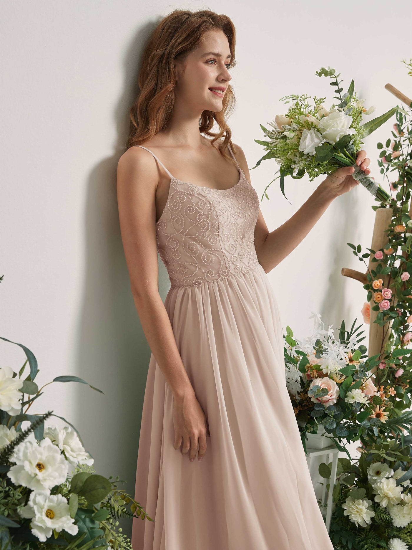 Carlyna A-Linien-Kleid U-Ausschnitt Bodenlang Chiffon Brautjungfernkleid Champagner #farbe_champagner