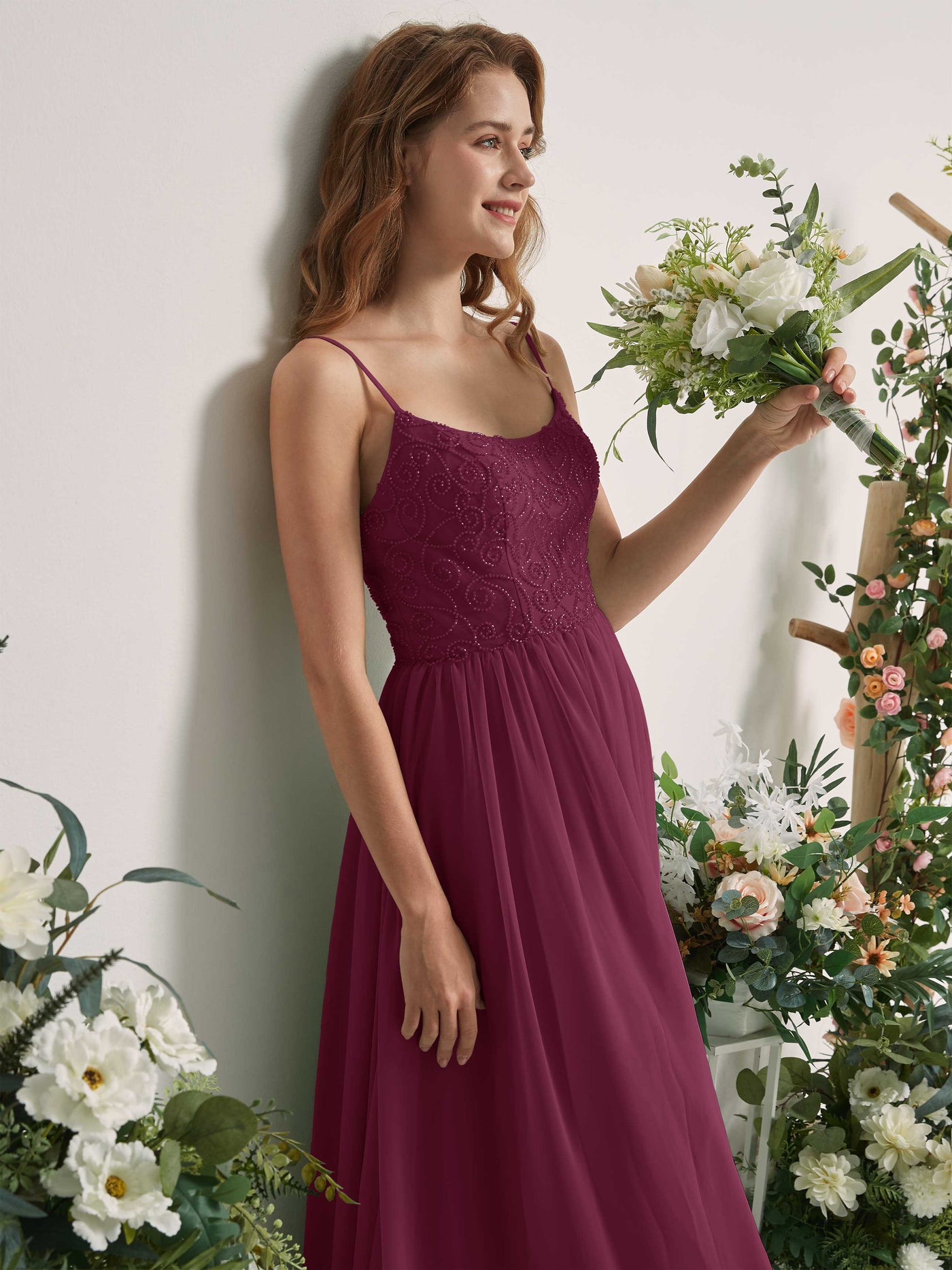 Carlyna A-Linien-Kleid U-Ausschnitt Bodenlang Chiffon Brautjungfernkleid Chianti #farbe_chianti