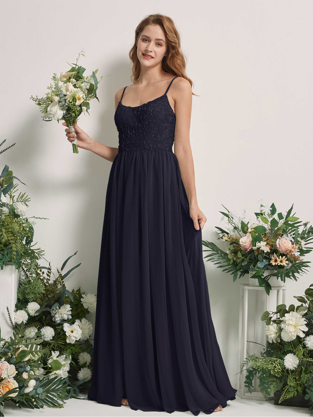 Carlyna A-Linien-Kleid U-Ausschnitt Bodenlang Chiffon Brautjungfernkleid Dunkel Marineblau 