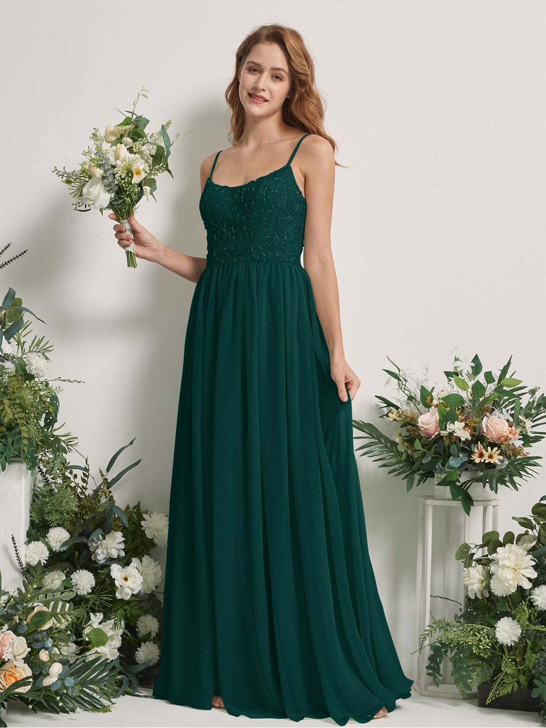 Carlyna A-Linien-Kleid U-Ausschnitt Bodenlang Chiffon Brautjungfernkleid Dunkelsmaragd 
