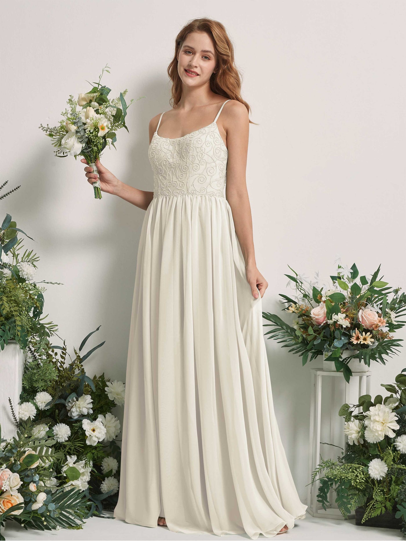 Carlyna A-Linien-Kleid U-Ausschnitt Bodenlang Chiffon Brautjungfernkleid Elfenbein #farbe_elfenbein