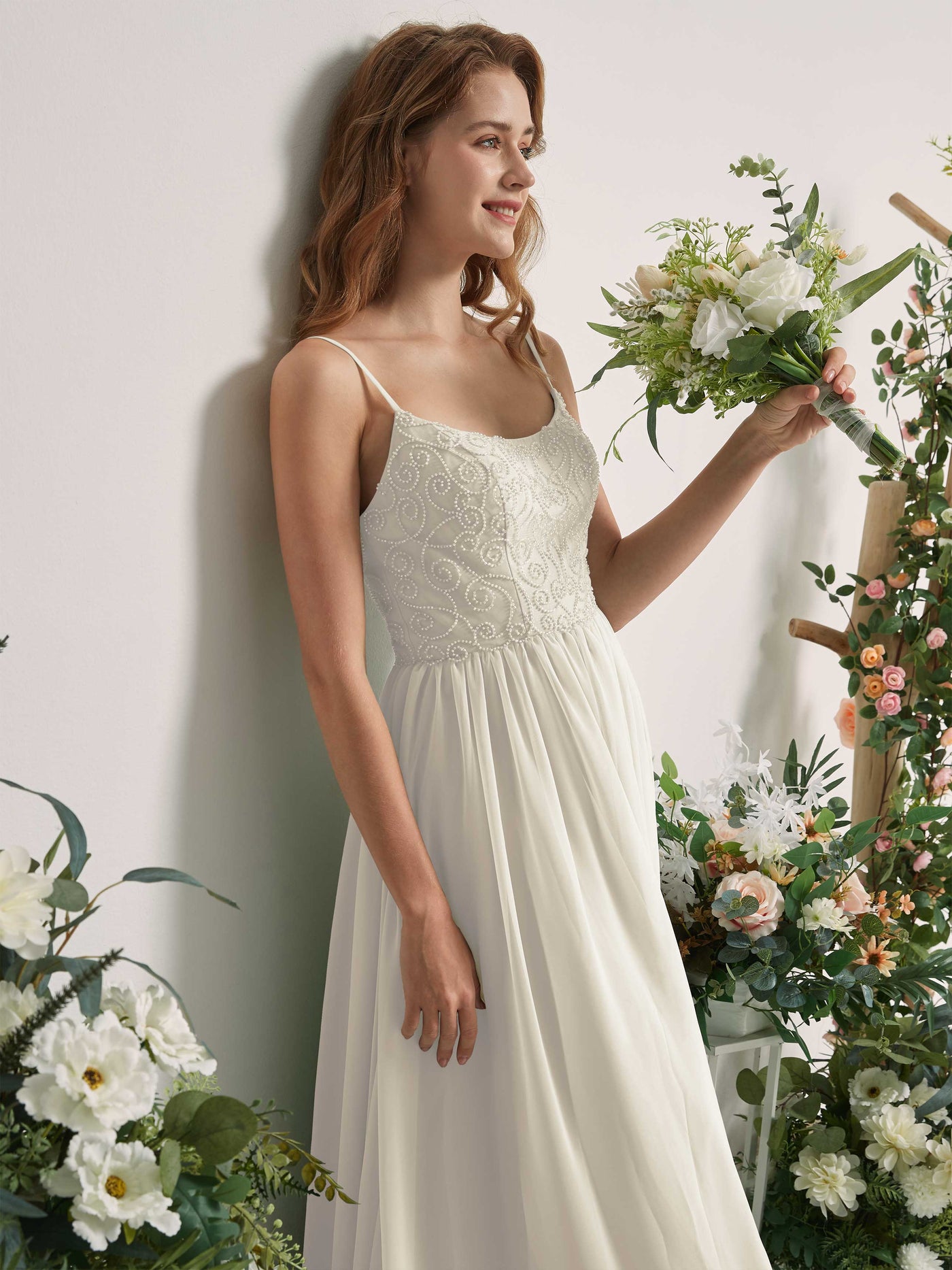 Carlyna A-Linien-Kleid U-Ausschnitt Bodenlang Chiffon Brautjungfernkleid Elfenbein #farbe_elfenbein