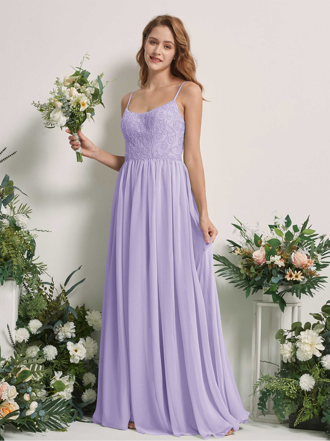 Carlyna A-Linien-Kleid U-Ausschnitt Bodenlang Chiffon Brautjungfernkleid Flieder 