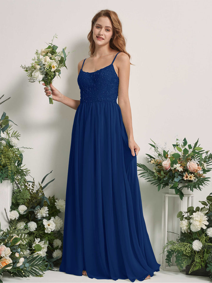 Carlyna A-Linien-Kleid U-Ausschnitt Bodenlang Chiffon Brautjungfernkleid Königsblau 