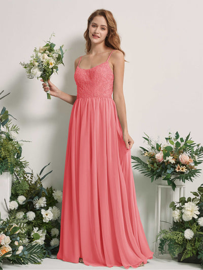Carlyna A-Linien-Kleid U-Ausschnitt Bodenlang Chiffon Brautjungfernkleid Korallenrosa #farbe_korallenrosa