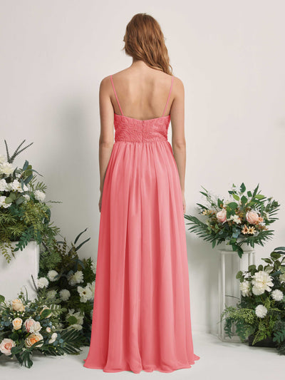 Carlyna A-Linien-Kleid U-Ausschnitt Bodenlang Chiffon Brautjungfernkleid Korallenrosa #farbe_korallenrosa