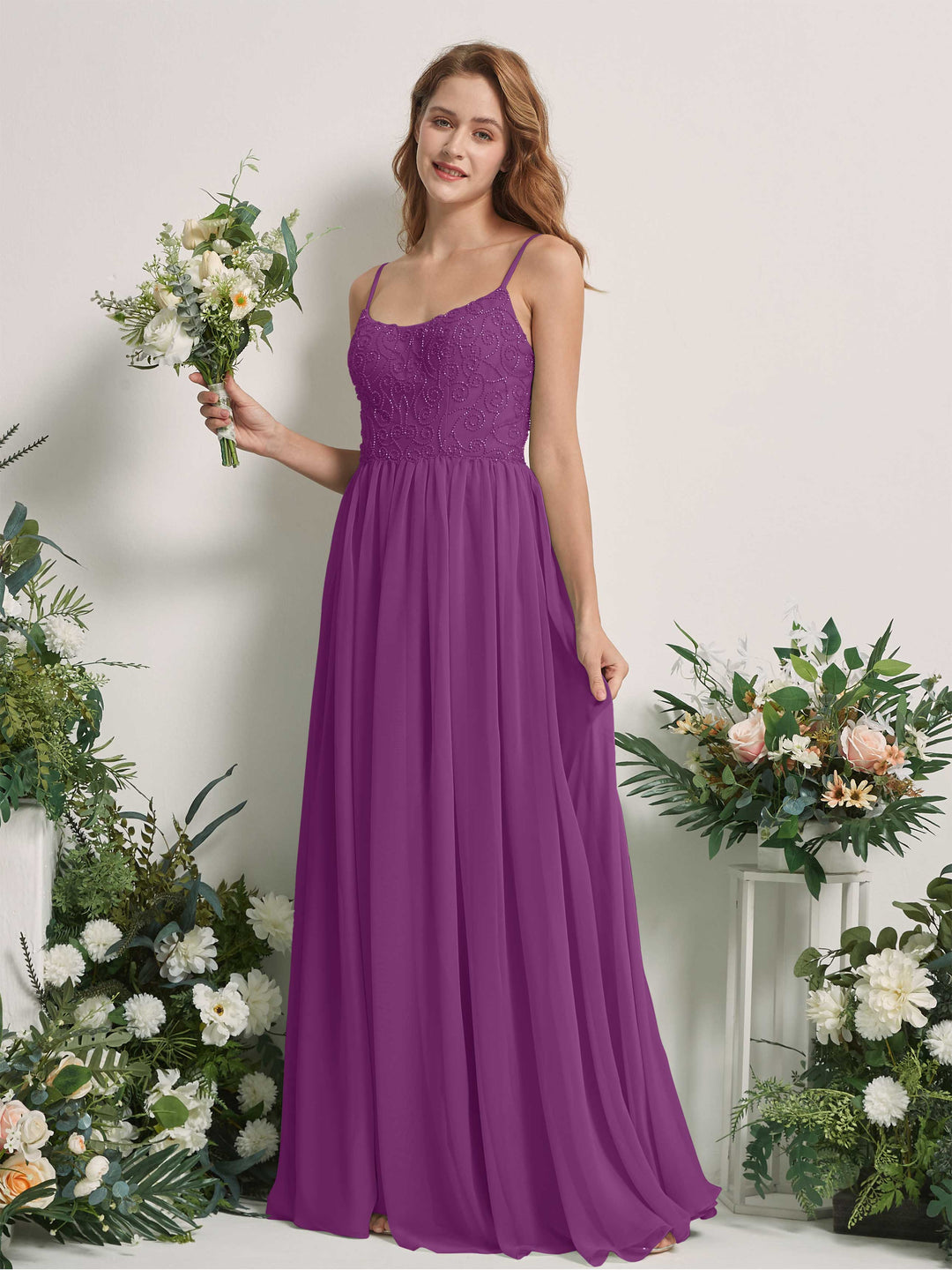 Carlyna A-Linien-Kleid U-Ausschnitt Bodenlang Chiffon Brautjungfernkleid Lila 