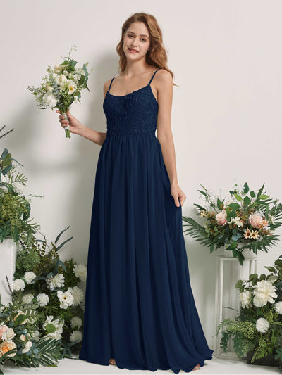 Carlyna A-Linien-Kleid U-Ausschnitt Bodenlang Chiffon Brautjungfernkleid Marineblau #farbe_marineblau