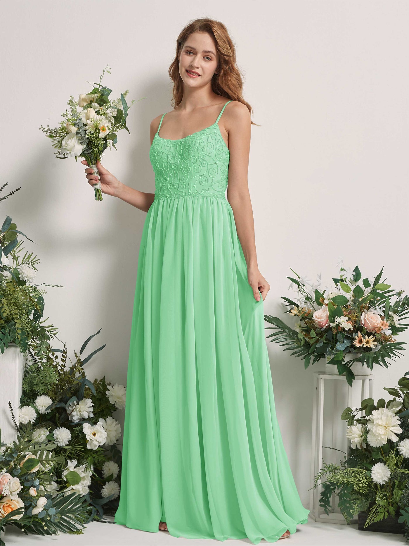 Carlyna A-Linien-Kleid U-Ausschnitt Bodenlang Chiffon Brautjungfernkleid Minzgrün #farbe_minzgr-n