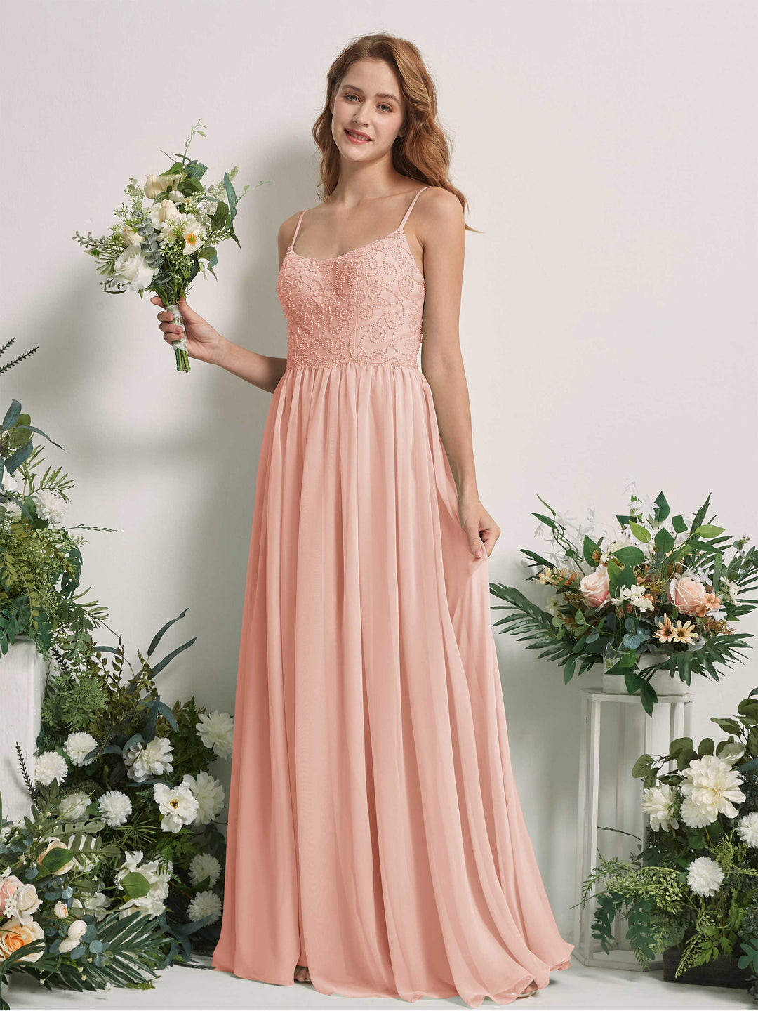 Carlyna A-Linien-Kleid U-Ausschnitt Bodenlang Chiffon Brautjungfernkleid Perlrosa 
