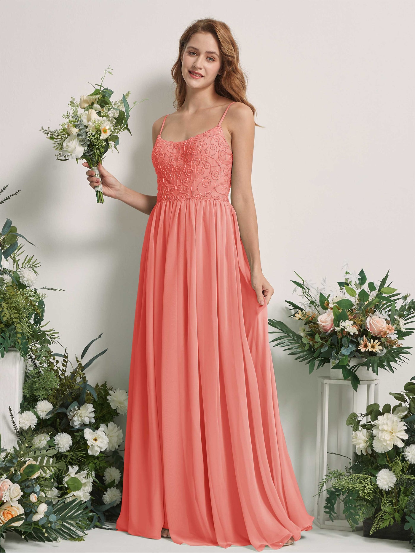 Carlyna A-Linien-Kleid U-Ausschnitt Bodenlang Chiffon Brautjungfernkleid Pfirsichrosa #farbe_pfirsichrosa