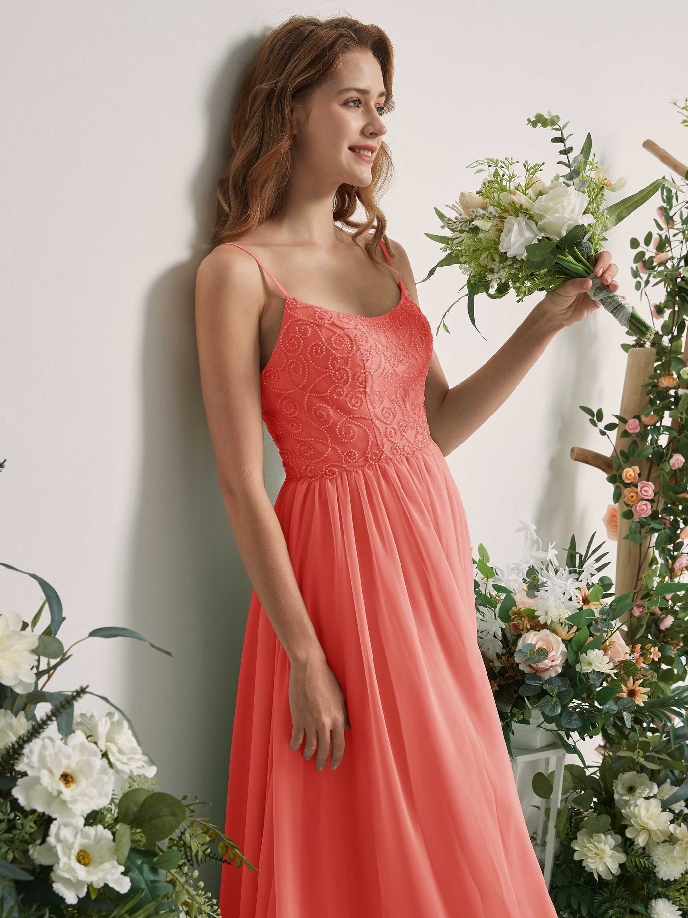 Carlyna A-Linien-Kleid U-Ausschnitt Bodenlang Chiffon Brautjungfernkleid Pfirsichrosa #farbe_pfirsichrosa