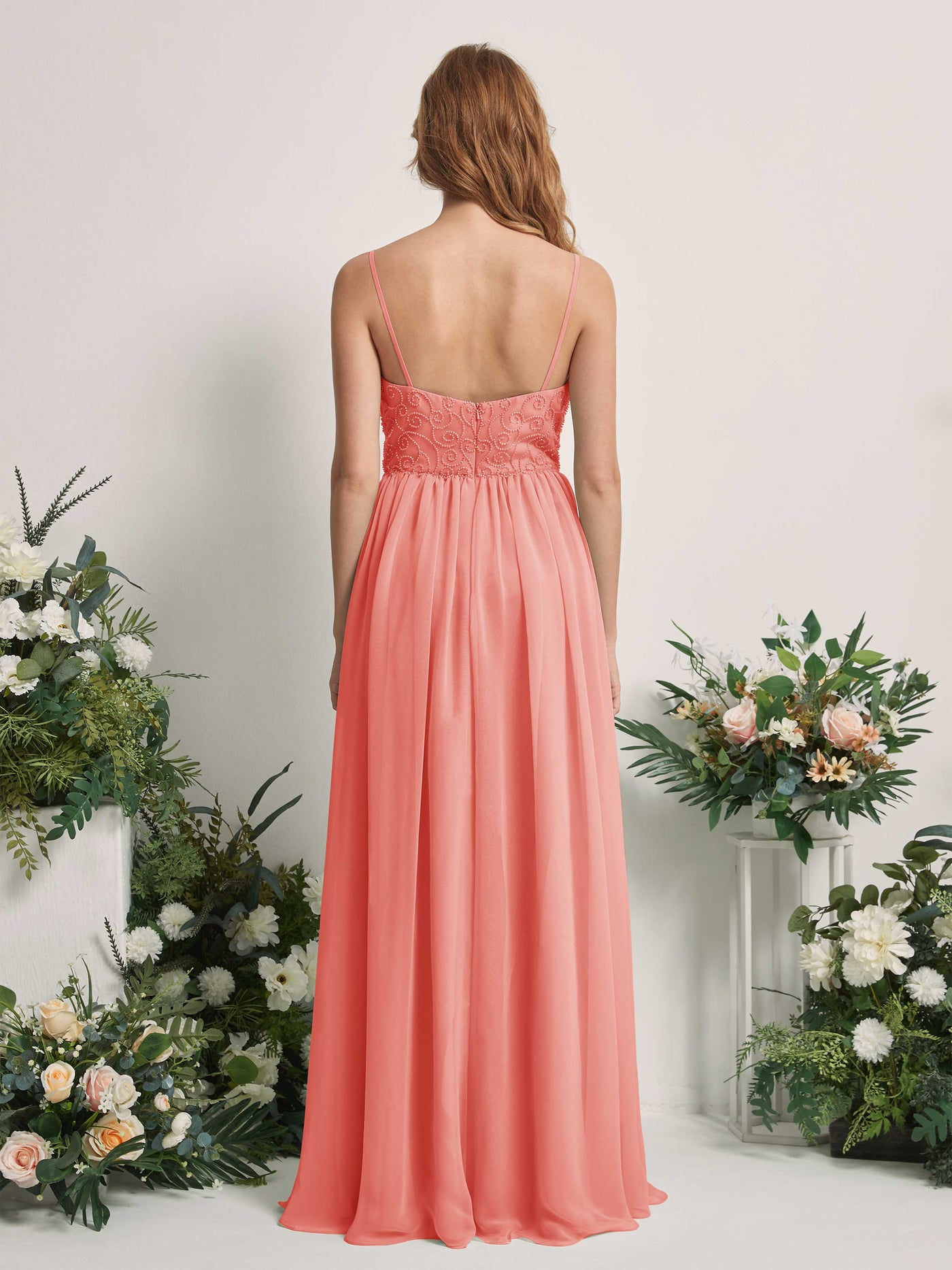 Carlyna A-Linien-Kleid U-Ausschnitt Bodenlang Chiffon Brautjungfernkleid Pfirsichrosa #farbe_pfirsichrosa