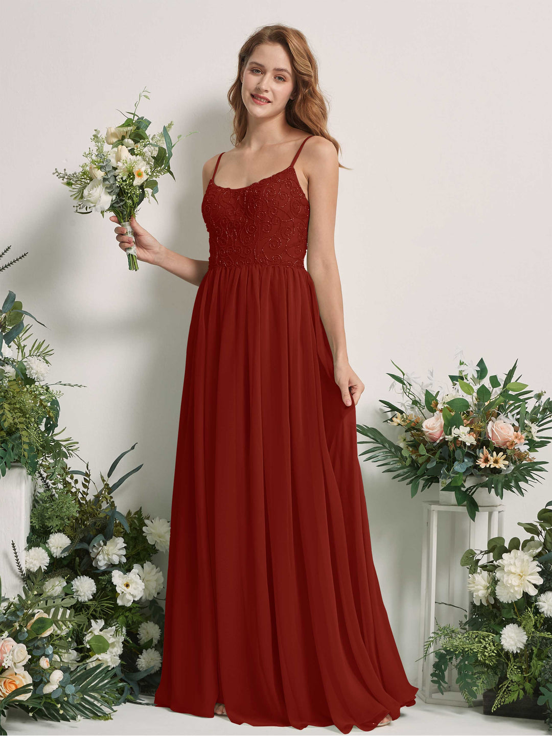 Carlyna A-Linien-Kleid U-Ausschnitt Bodenlang Chiffon Brautjungfernkleid Rostrot 