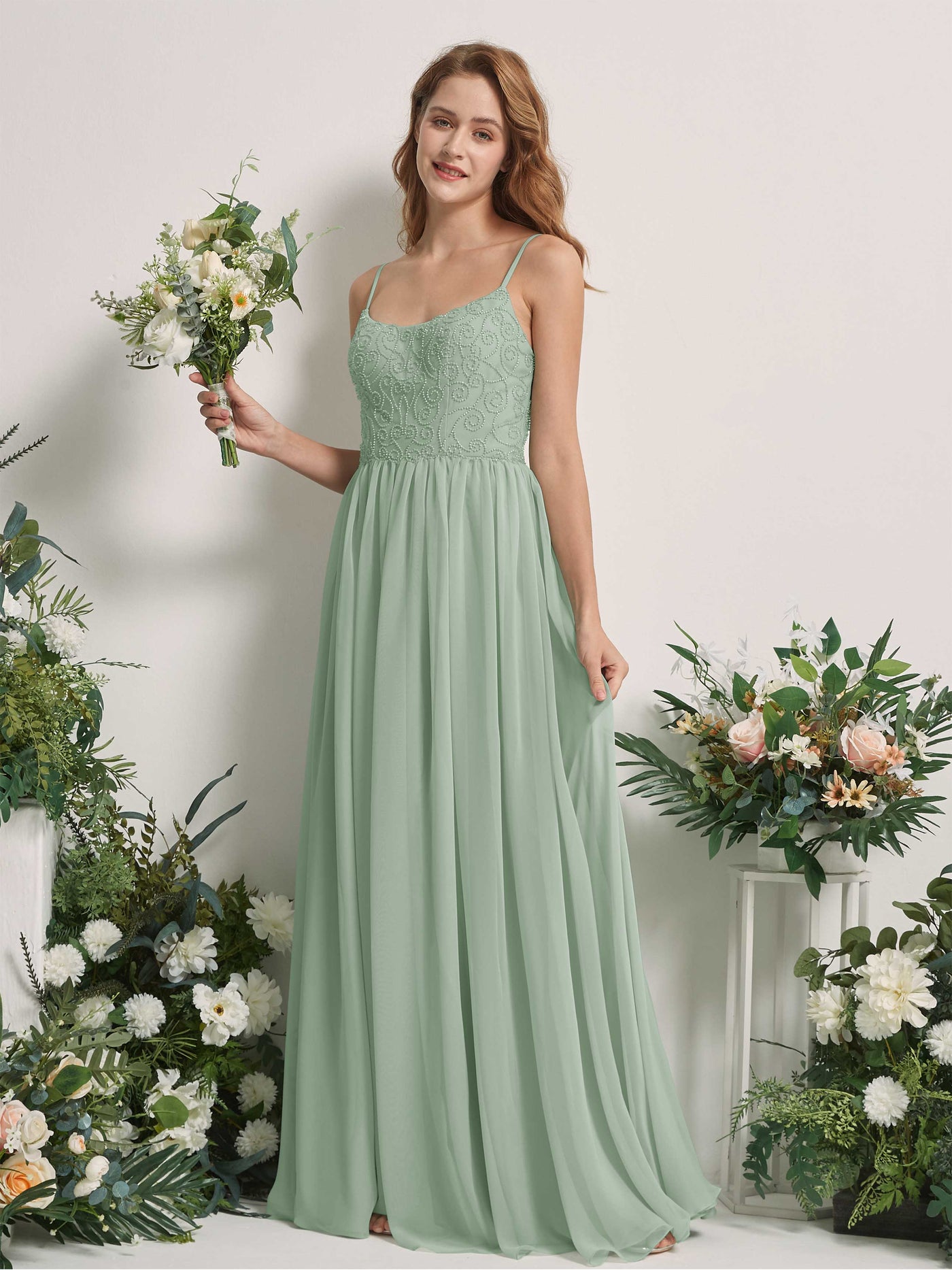 Carlyna A-Linien-Kleid U-Ausschnitt Bodenlang Chiffon Brautjungfernkleid Salbeigrün #farbe_salbeigr-n