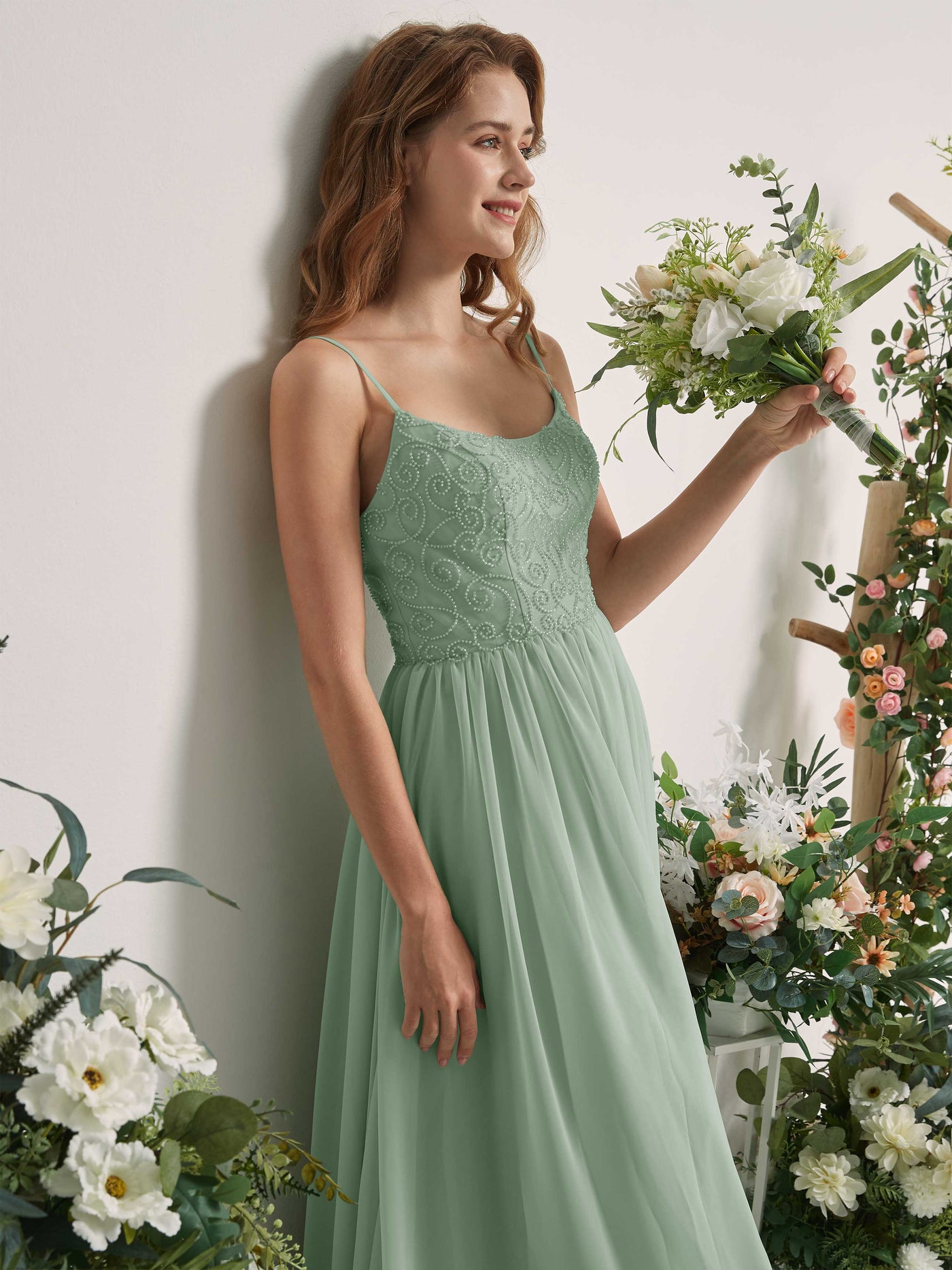 Carlyna A-Linien-Kleid U-Ausschnitt Bodenlang Chiffon Brautjungfernkleid Salbeigrün #farbe_salbeigr-n
