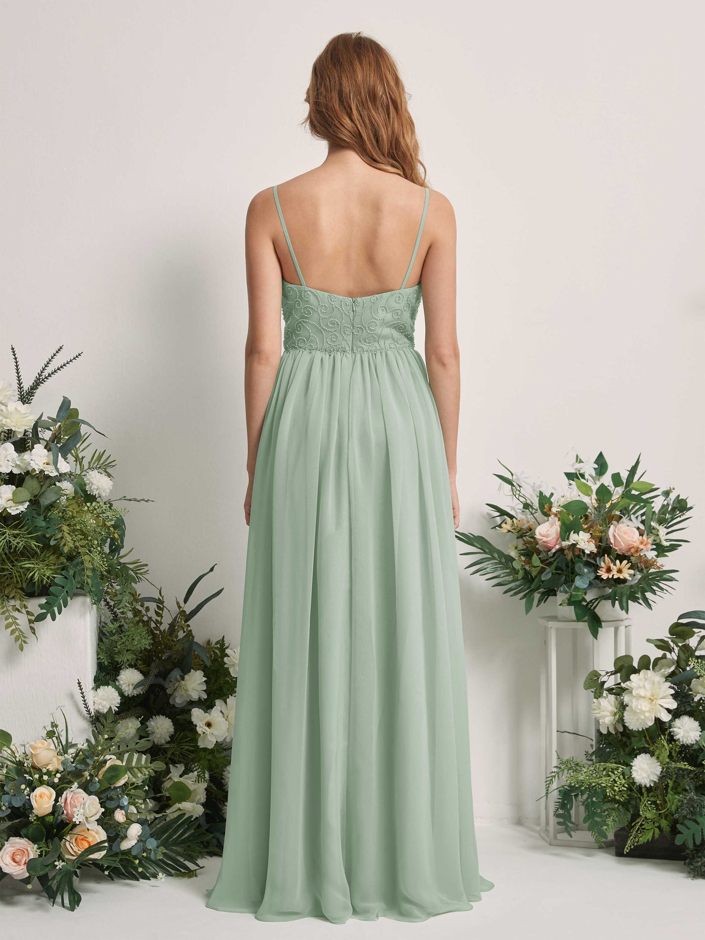 Carlyna A-Linien-Kleid U-Ausschnitt Bodenlang Chiffon Brautjungfernkleid Salbeigrün #farbe_salbeigr-n