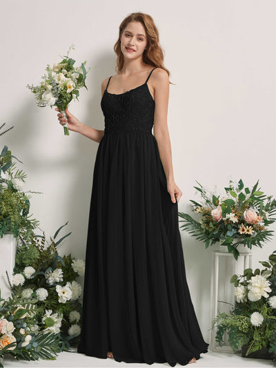 Carlyna A-Linien-Kleid U-Ausschnitt Bodenlang Chiffon Brautjungfernkleid Schwarz #farbe_schwarz
