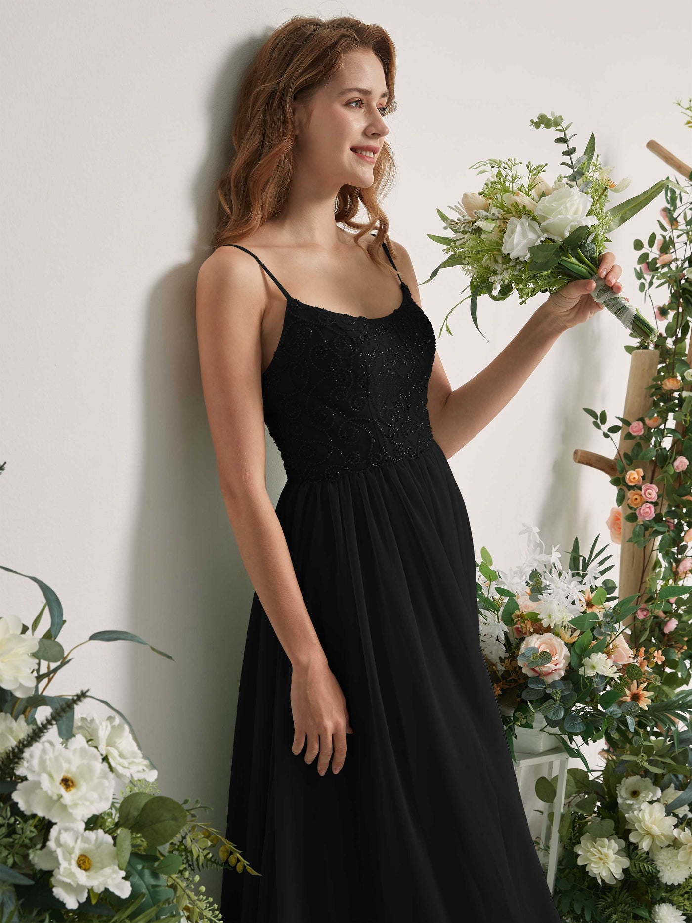 Carlyna A-Linien-Kleid U-Ausschnitt Bodenlang Chiffon Brautjungfernkleid Schwarz #farbe_schwarz