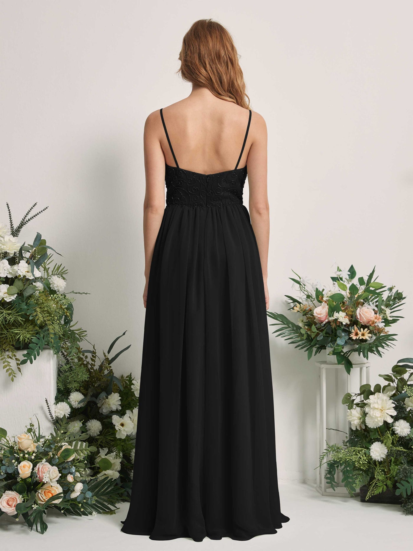 Carlyna A-Linien-Kleid U-Ausschnitt Bodenlang Chiffon Brautjungfernkleid Schwarz #farbe_schwarz