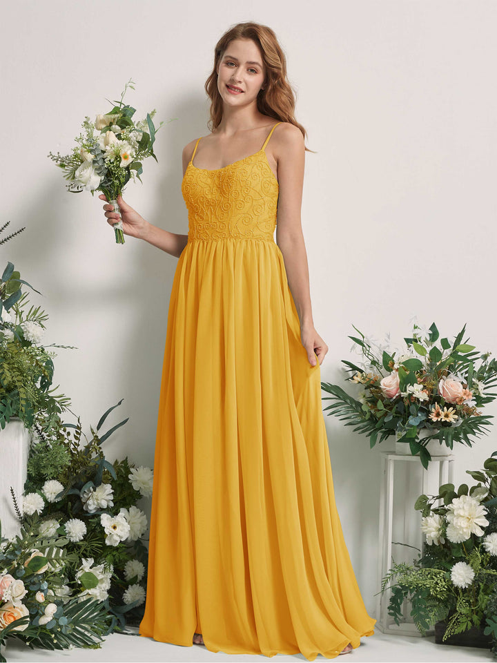 Carlyna A-Linien-Kleid U-Ausschnitt Bodenlang Chiffon Brautjungfernkleid Senfgelb 