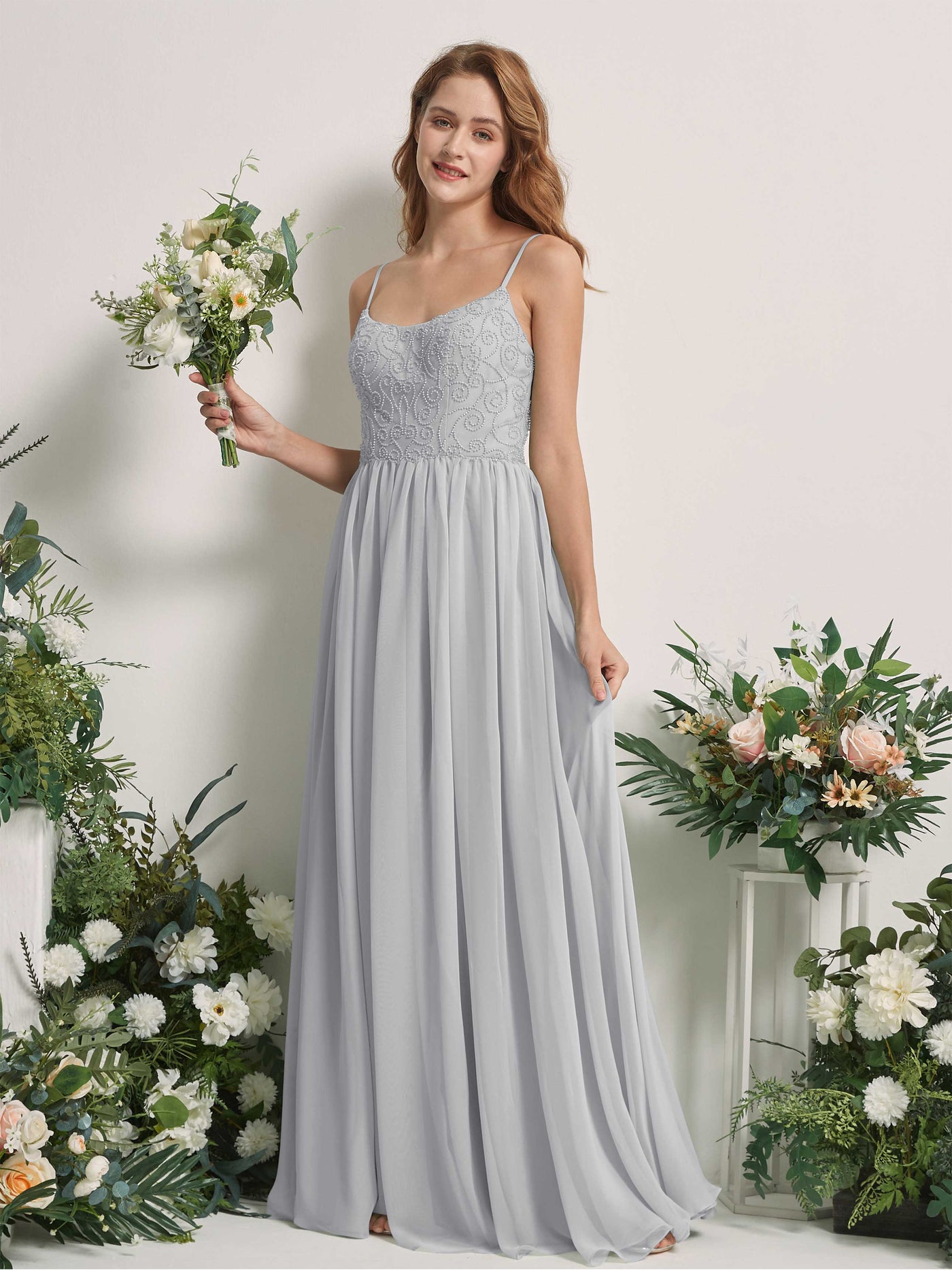 Carlyna A-Linien-Kleid U-Ausschnitt Bodenlang Chiffon Brautjungfernkleid Silber #farbe_silber
