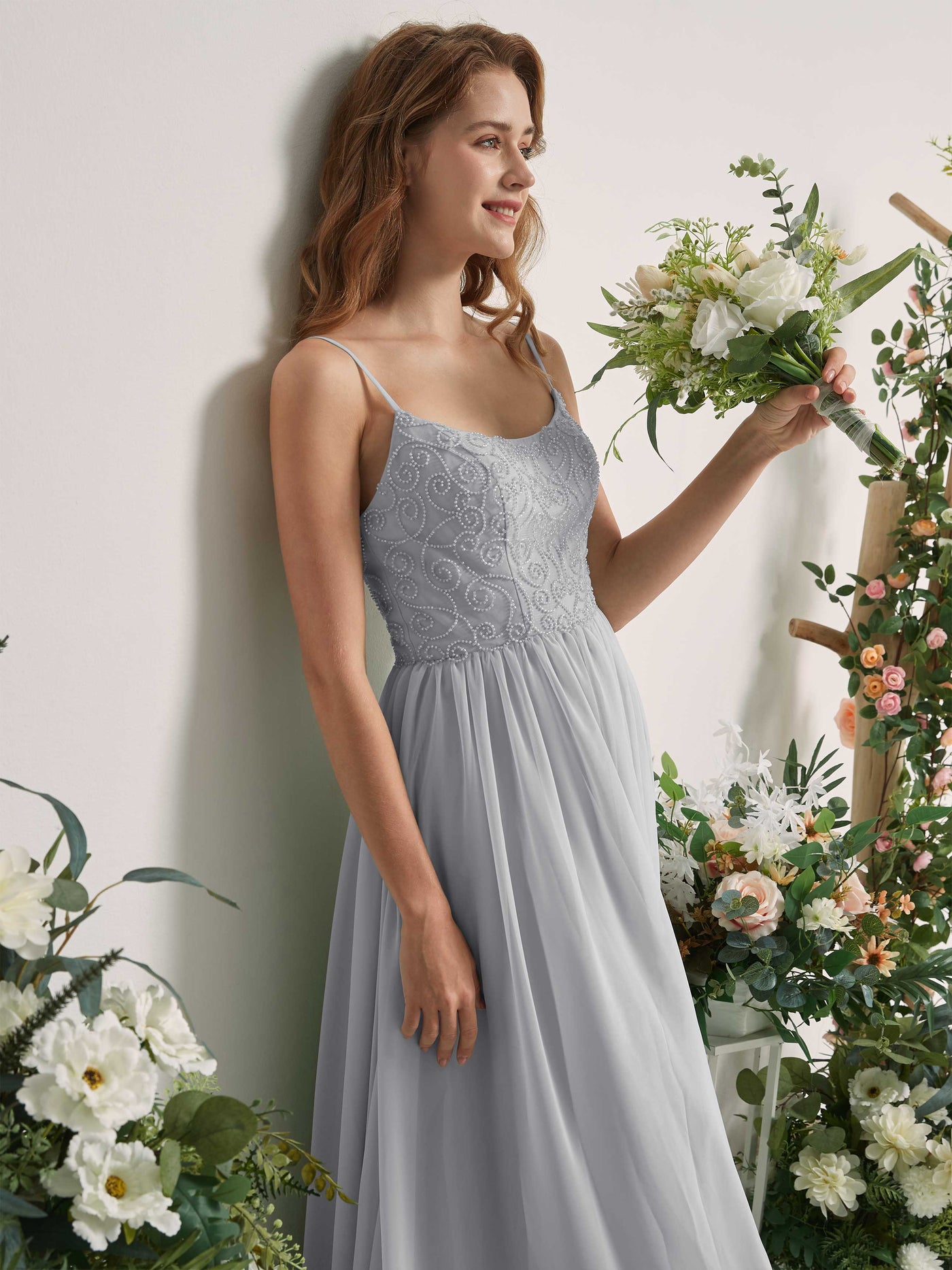 Carlyna A-Linien-Kleid U-Ausschnitt Bodenlang Chiffon Brautjungfernkleid Silber #farbe_silber