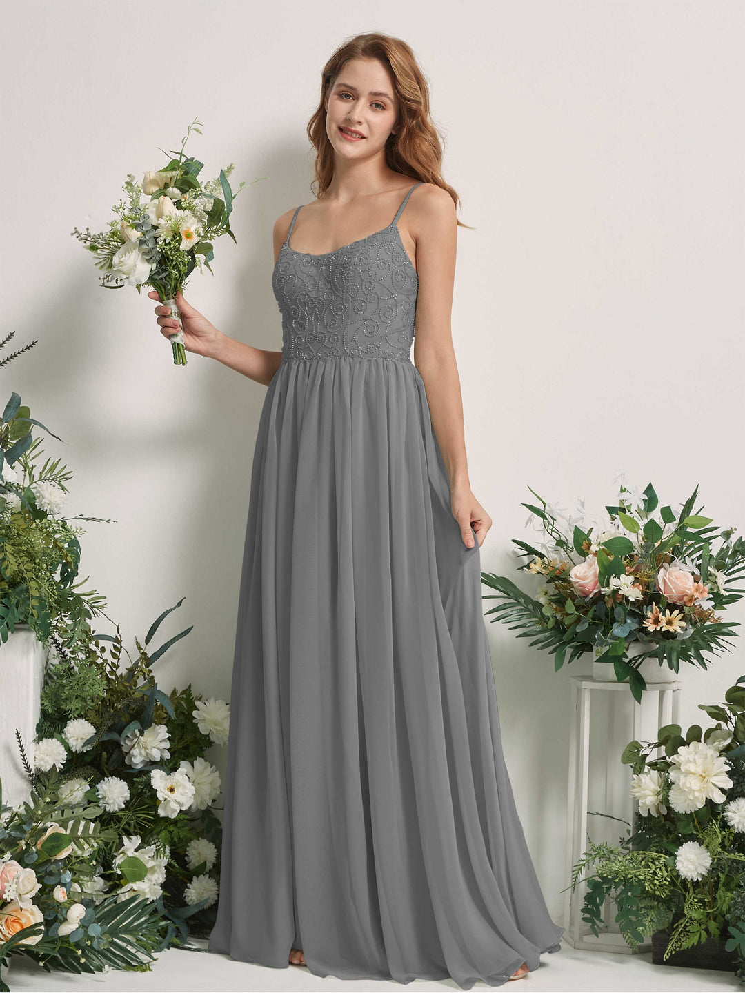 Carlyna A-Linien-Kleid U-Ausschnitt Bodenlang Chiffon Brautjungfernkleid Stahlgrau 