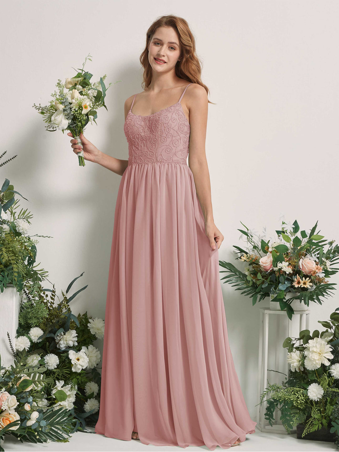 Carlyna A-Linien-Kleid U-Ausschnitt Bodenlang Chiffon Brautjungfernkleid Staubige Rose 