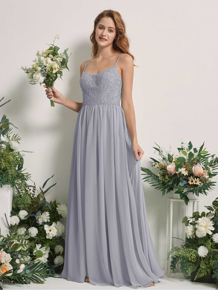 Carlyna A-Linien-Kleid U-Ausschnitt Bodenlang Chiffon Brautjungfernkleid Staubiger Lavendel 