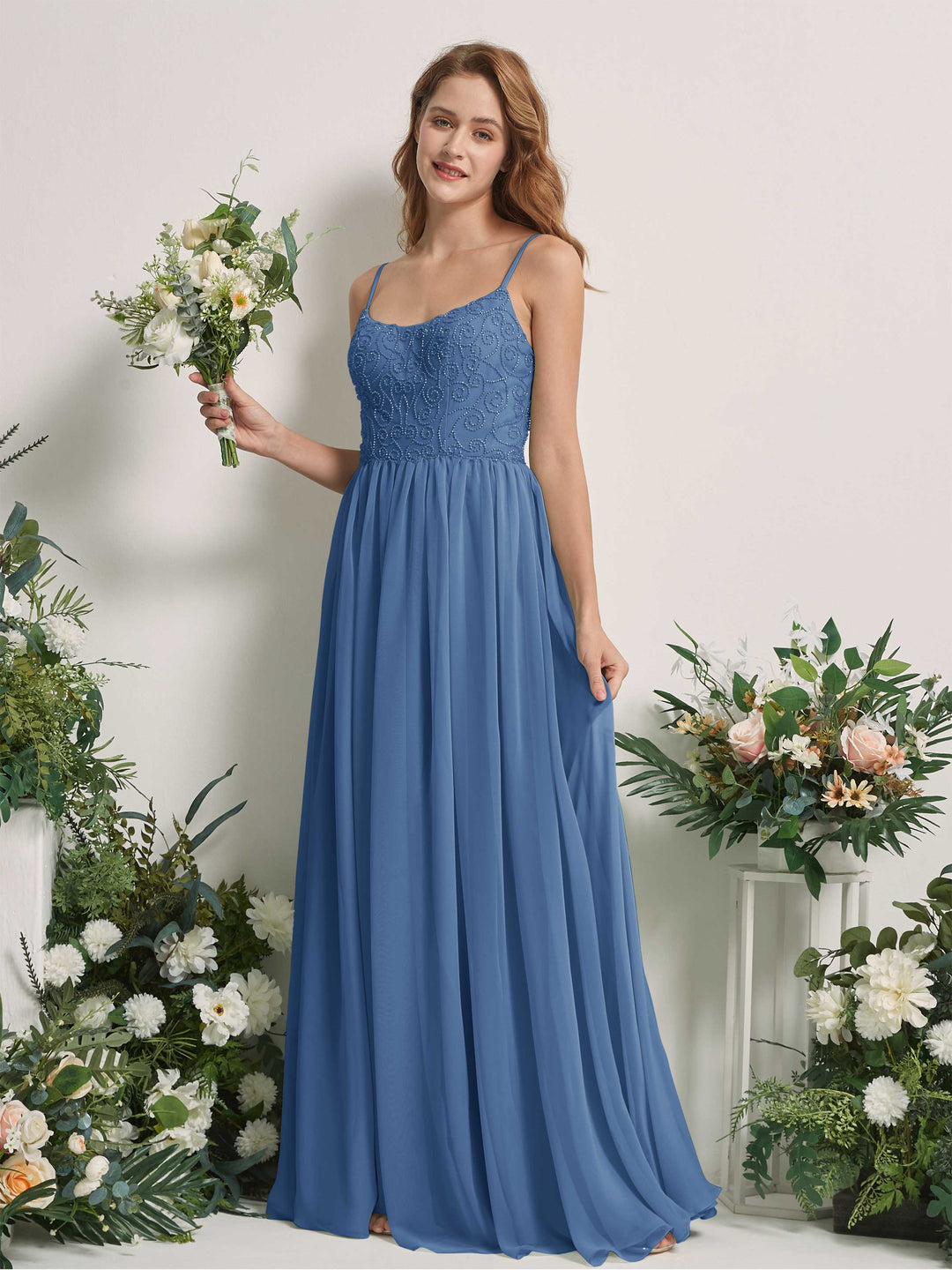 Carlyna A-Linien-Kleid U-Ausschnitt Bodenlang Chiffon Brautjungfernkleid Staubiges Blau 