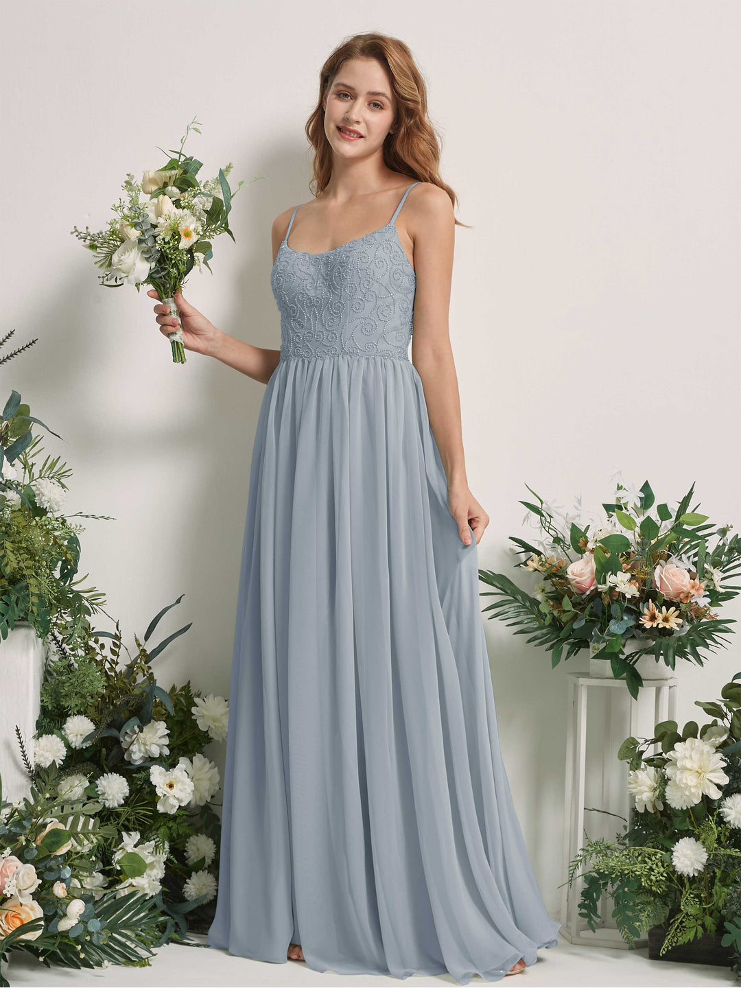 Carlyna A-Linien-Kleid U-Ausschnitt Bodenlang Chiffon Brautjungfernkleid Staubiges Blau-Upgrade 