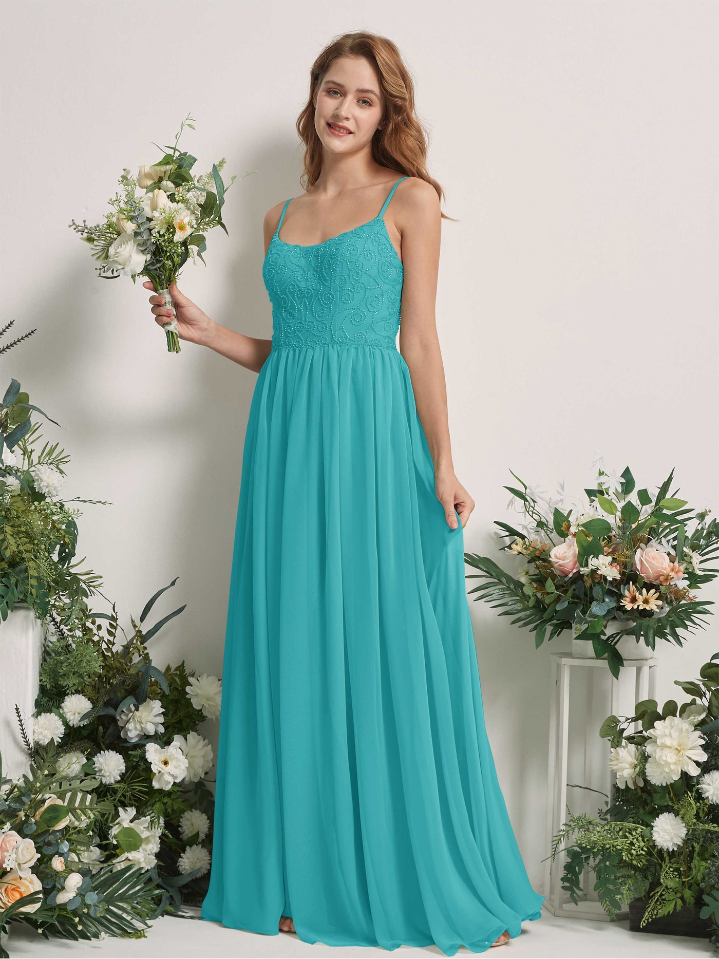 Carlyna A-Linien-Kleid U-Ausschnitt Bodenlang Chiffon Brautjungfernkleid Türkis #farbe_t-rkis
