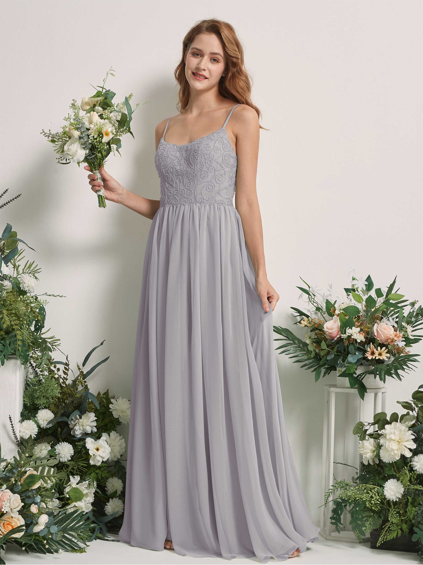 Carlyna A-Linien-Kleid U-Ausschnitt Bodenlang Chiffon Brautjungfernkleid Taube #farbe_taube