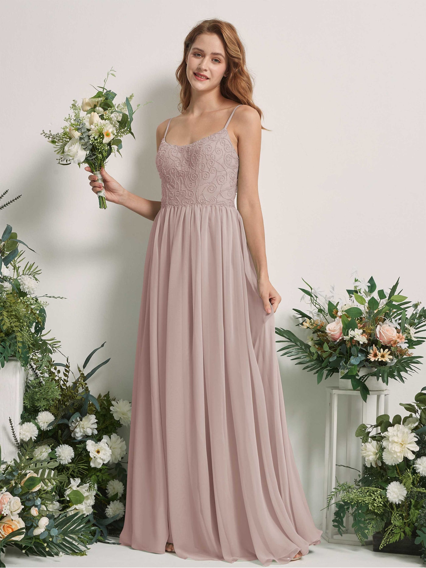 Carlyna A-Linien-Kleid U-Ausschnitt Bodenlang Chiffon Brautjungfernkleid Taupe #farbe_taupe