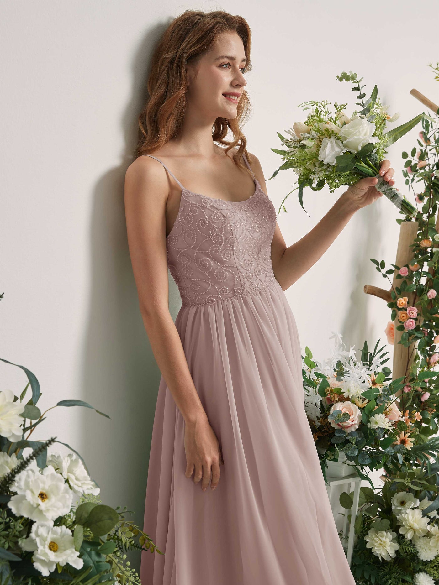 Carlyna A-Linien-Kleid U-Ausschnitt Bodenlang Chiffon Brautjungfernkleid Taupe #farbe_taupe