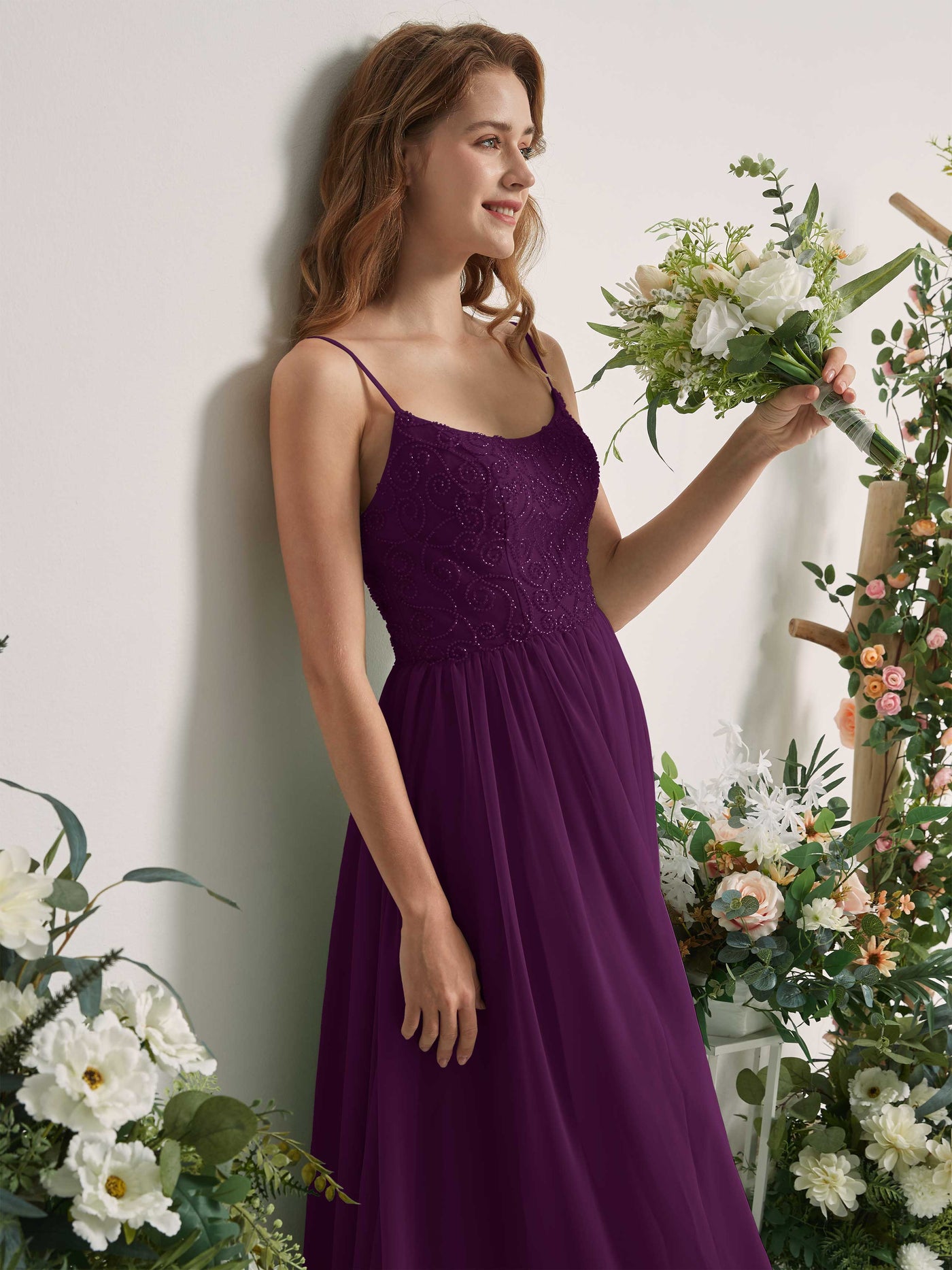 Carlyna A-Linien-Kleid U-Ausschnitt Bodenlang Chiffon Brautjungfernkleid Traube #farbe_traube
