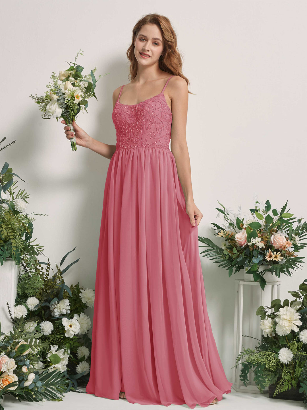 Carlyna A-Linien-Kleid U-Ausschnitt Bodenlang Chiffon Brautjungfernkleid Wüstenrose 