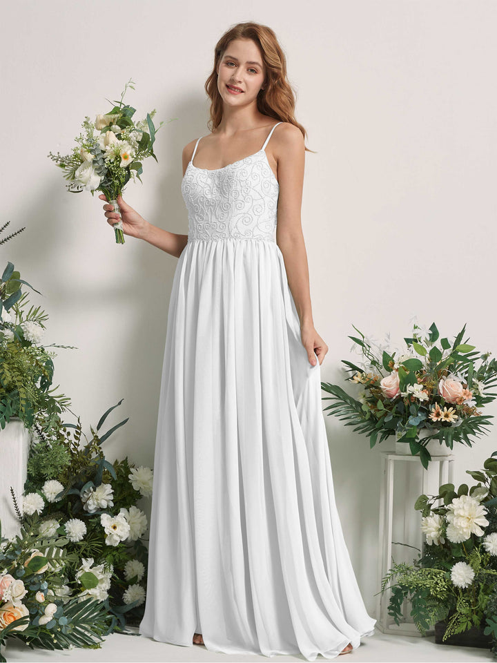 Carlyna A-Linien-Kleid U-Ausschnitt Bodenlang Chiffon Brautjungfernkleid Weiß 