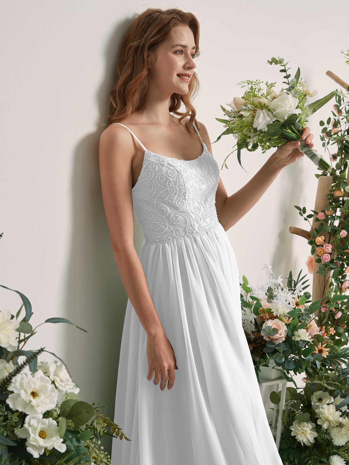 Carlyna A-Linien-Kleid U-Ausschnitt Bodenlang Chiffon Brautjungfernkleid Weiß #farbe_wei