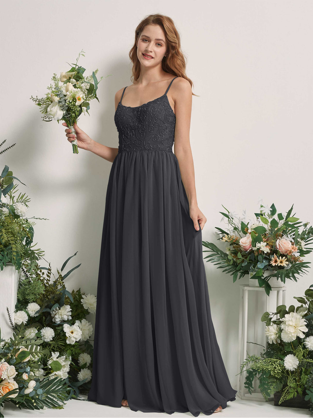 Carlyna A-Linien-Kleid U-Ausschnitt Bodenlang Chiffon Brautjungfernkleid Zinnfarben 