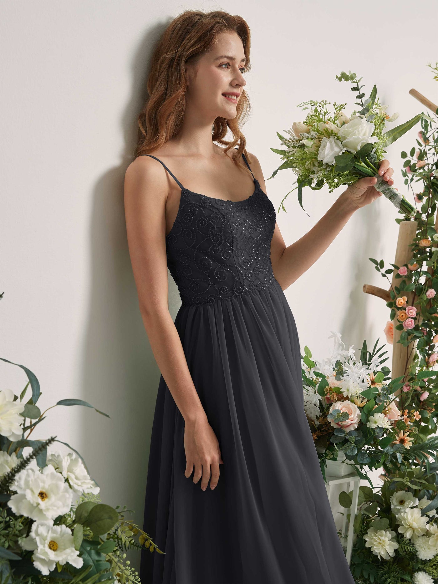 Carlyna A-Linien-Kleid U-Ausschnitt Bodenlang Chiffon Brautjungfernkleid Zinnfarben #farbe_zinnfarben