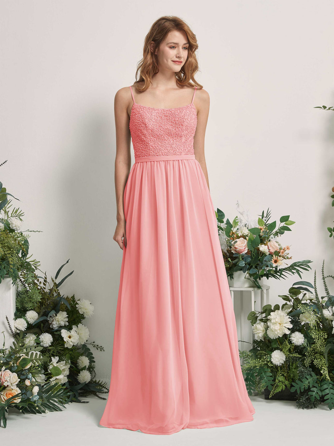 Carlyna A-Linien-Kleid U-Ausschnitt Bodenlang Chiffon Brautjungfernkleider Ballettrosa 