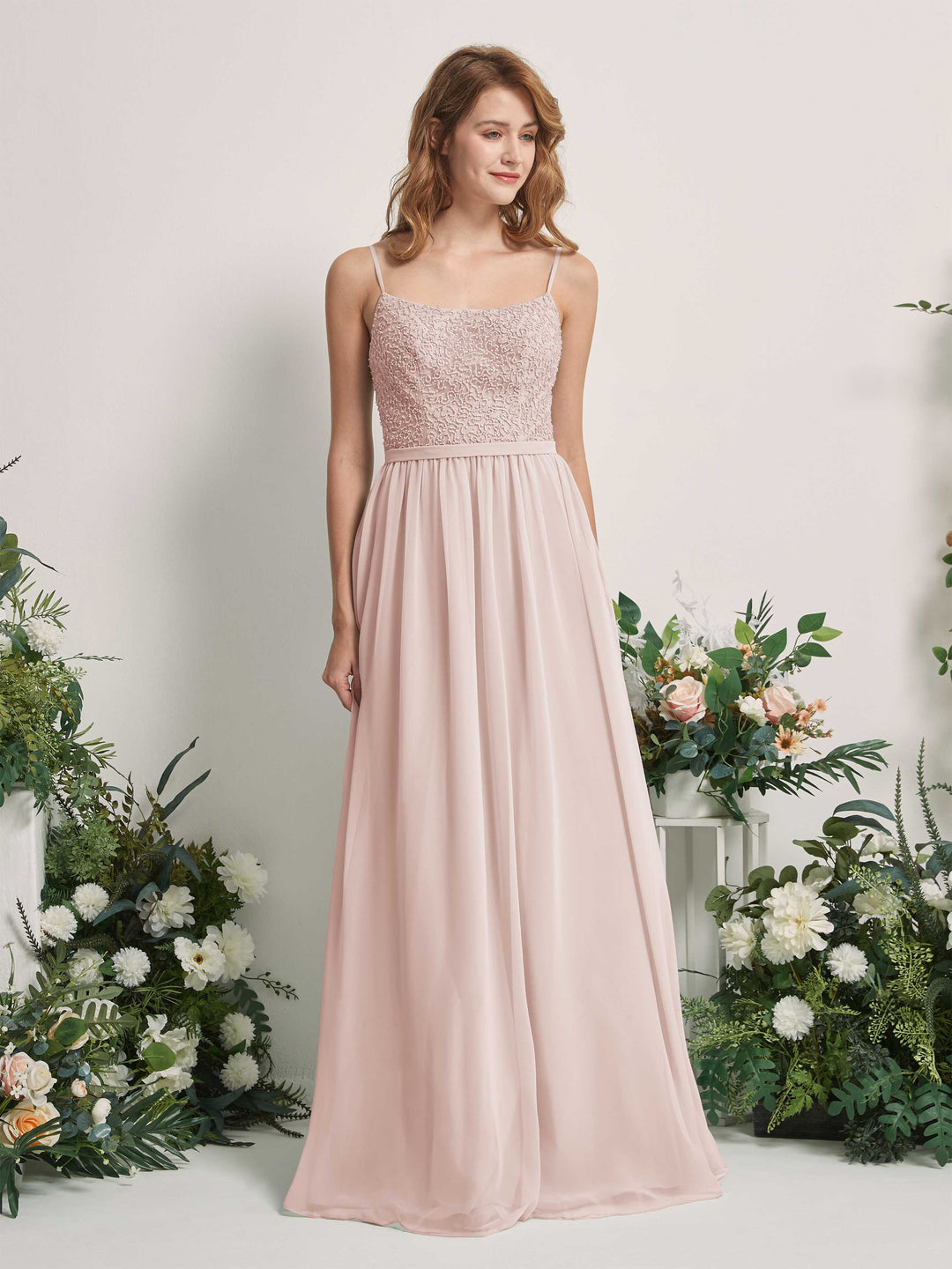 Carlyna A-Linien-Kleid U-Ausschnitt Bodenlang Chiffon Brautjungfernkleider Biscotti 
